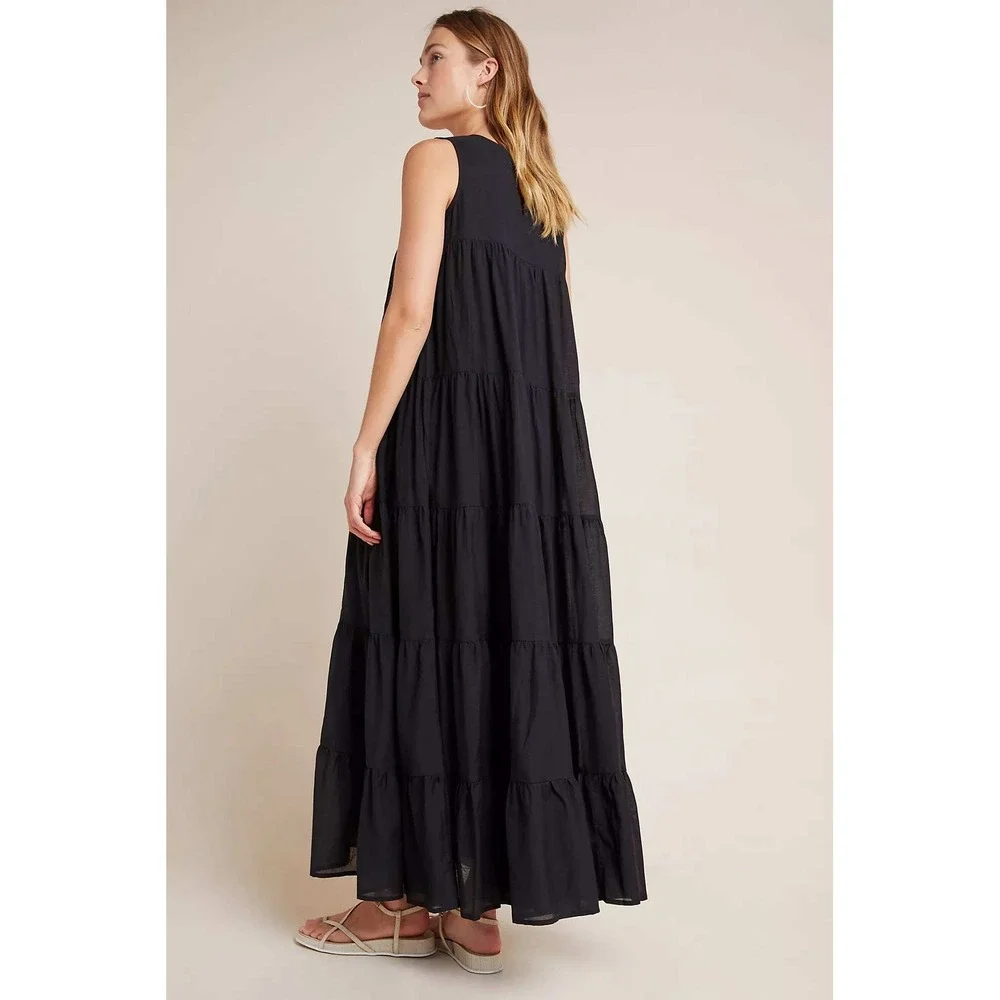 Anthropologie Samant Chauhan Black Jacaranda Tiered Maxi Dress Embroidered 8 - Picture 3 of 16